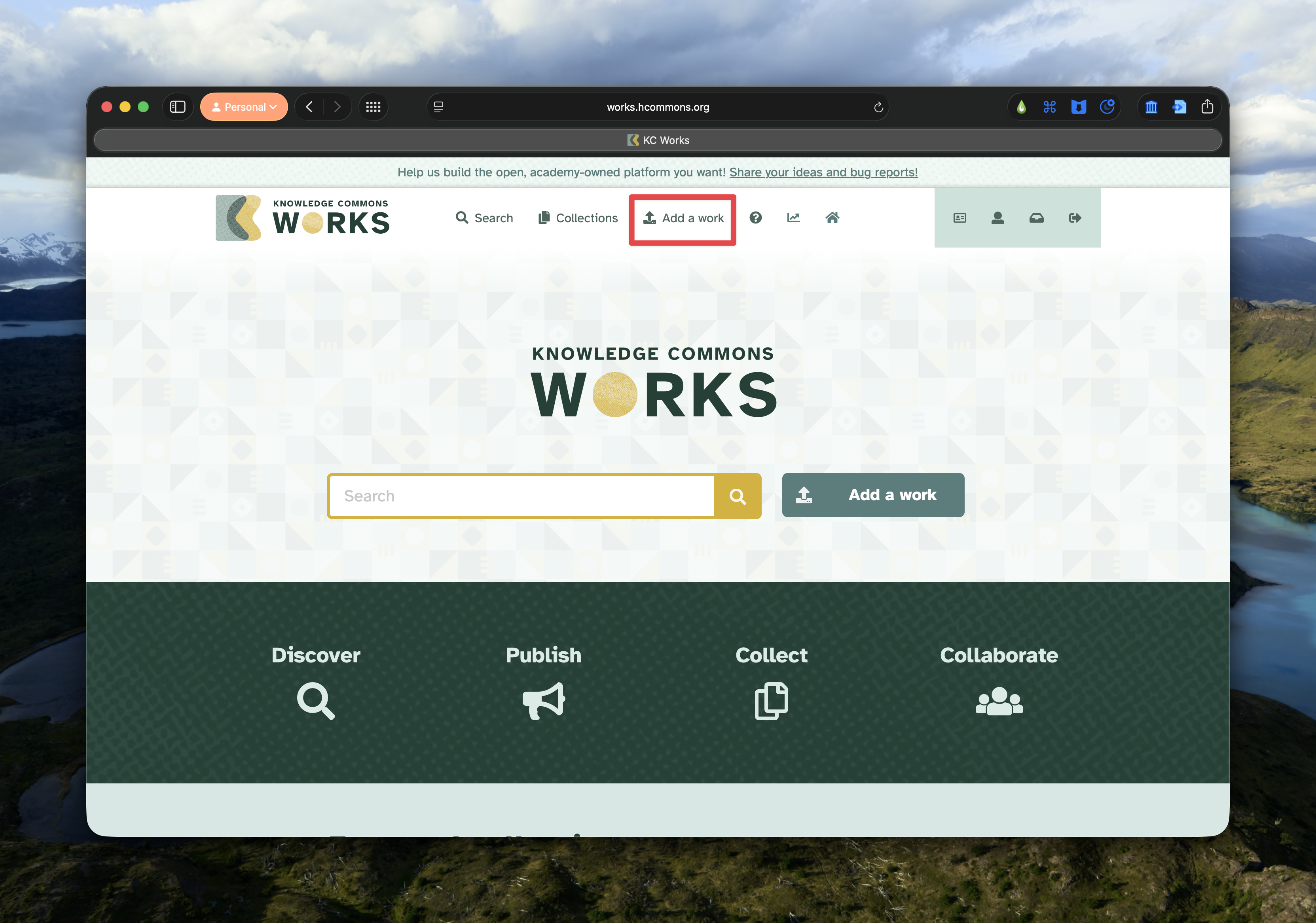 The homepage of Humanaties Commons