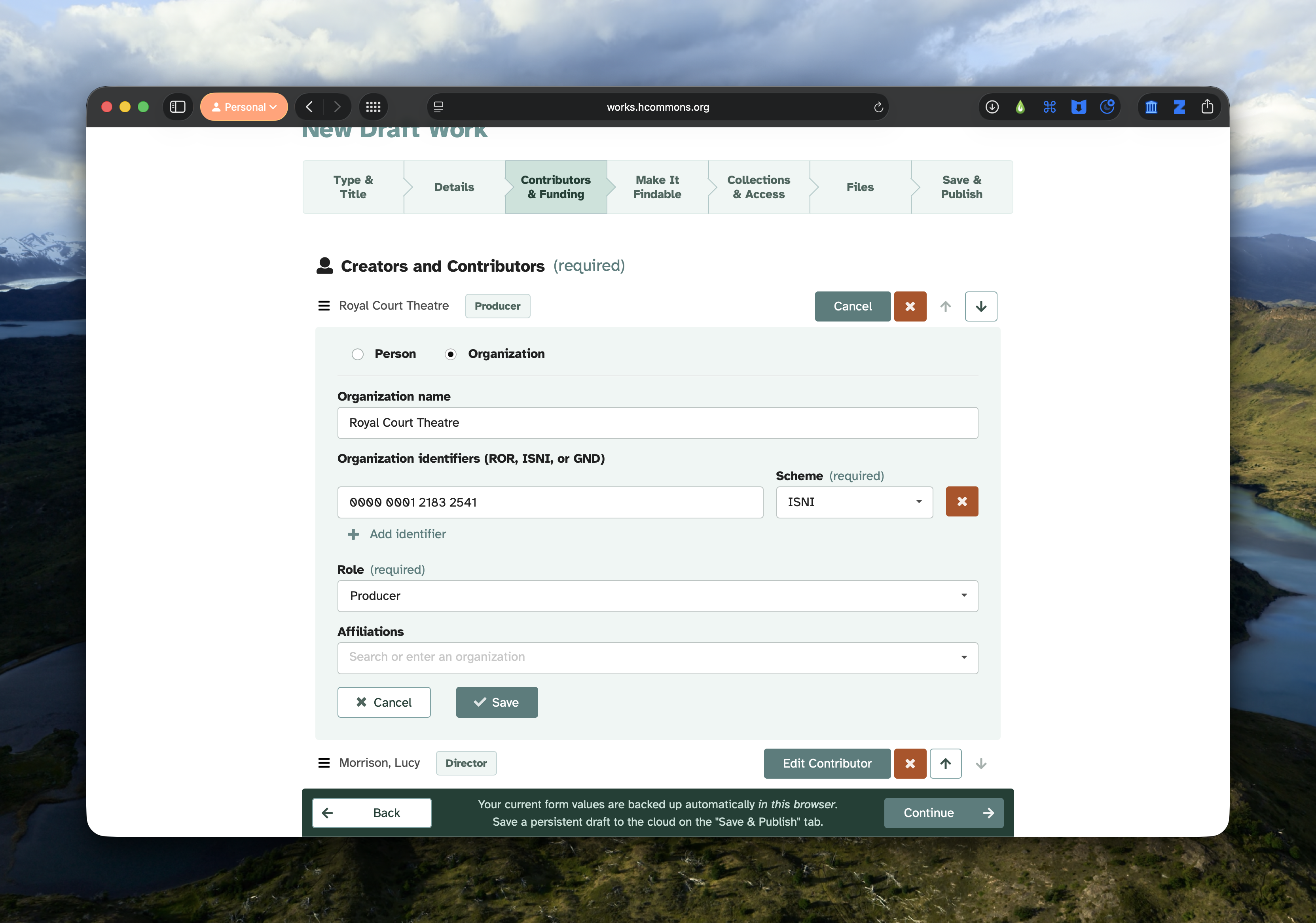 Contributors tab open with some details added.